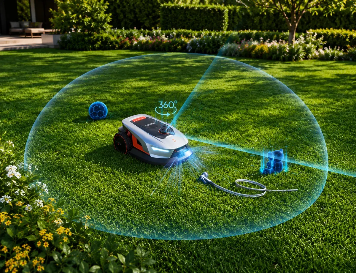 Segway Navimow VisionFence akadályfelismerés: a robot felismeri a kutyát és a labdát, és megáll előttük