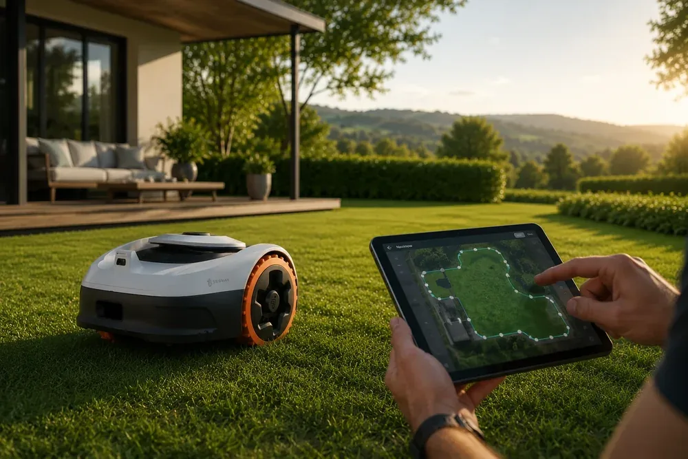 Segway Navimow alkalmazás: zónatérkép beállítása tableten, robotfűnyíró a kertben