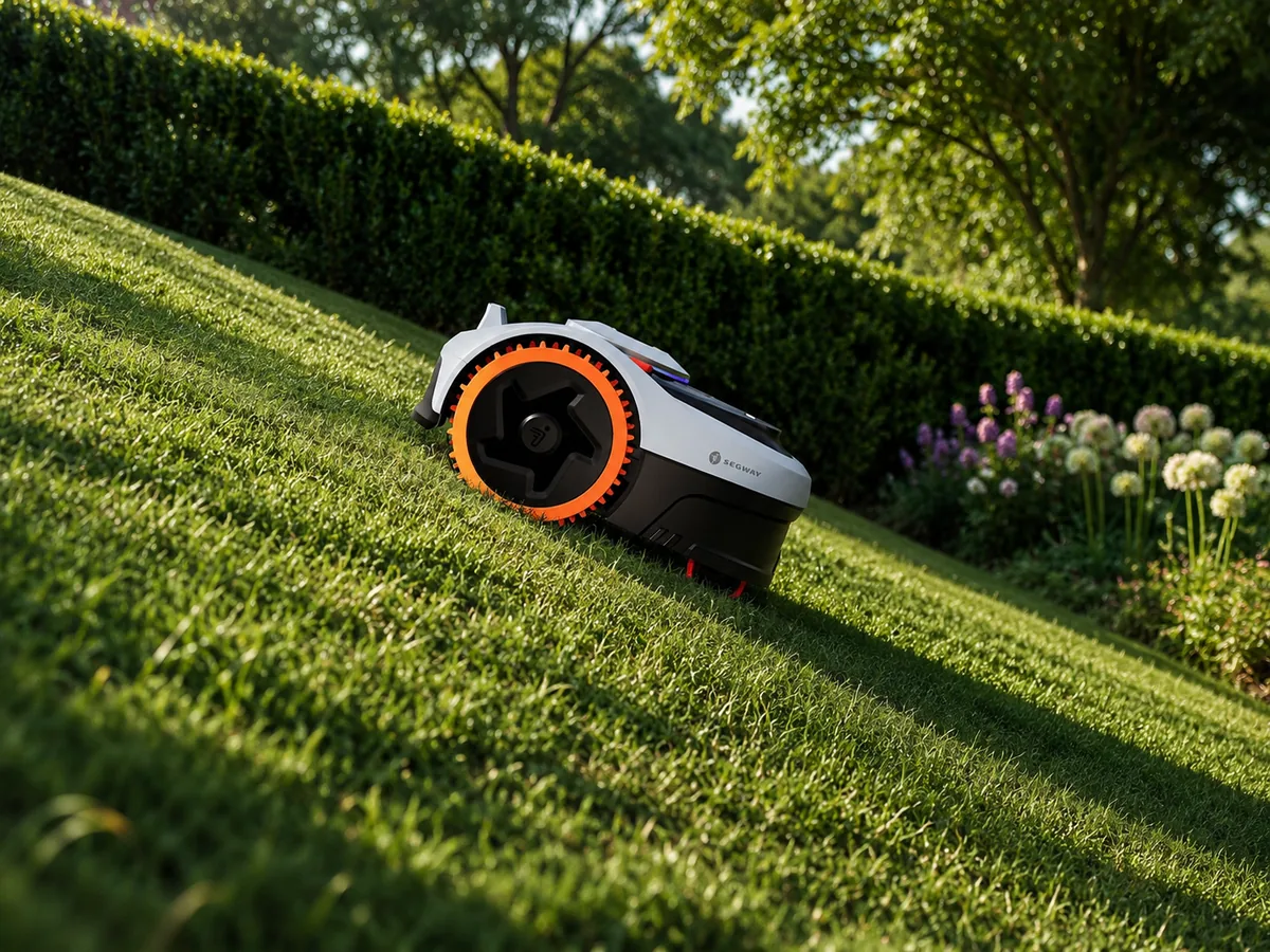 Segway Navimow AWD robotfűnyíró lejtős, virágos kertben — meredek terepen is stabil működés