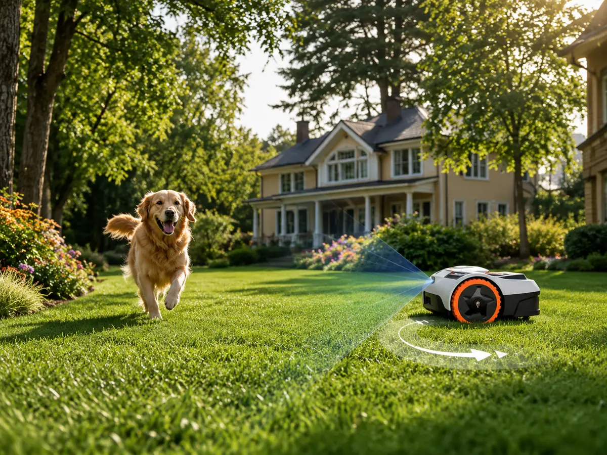Segway Navimow robotfűnyíró gondozott családi kertben, miközben a kutya a fűben szaladgál