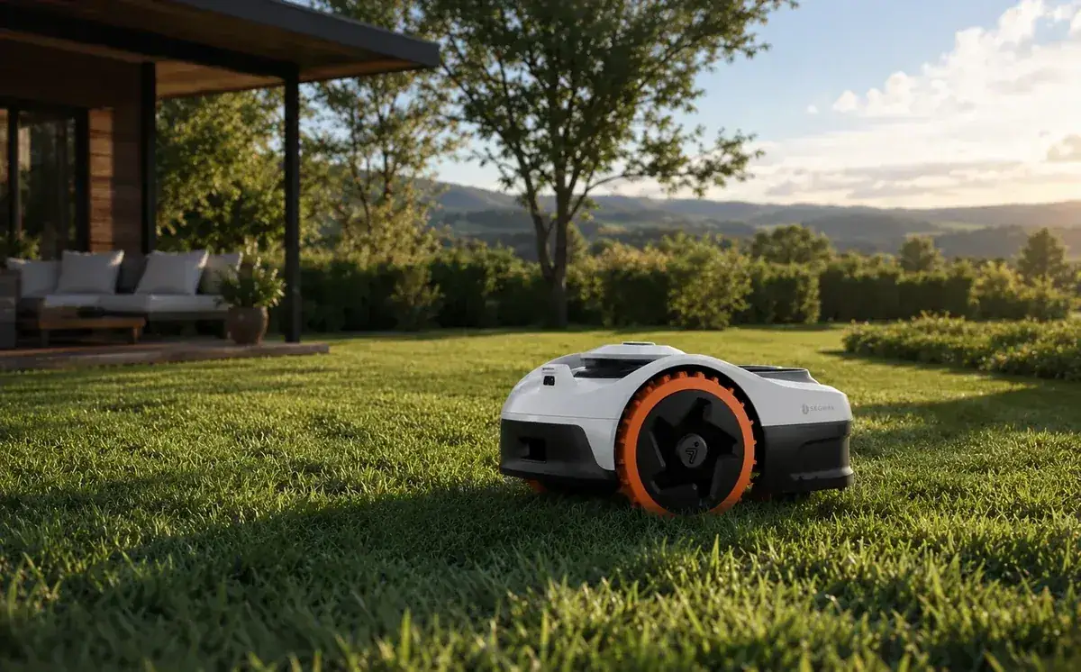 Segway Navimow robotfűnyíró prémium kertben, aranyfényes napnyugtakor — gondozott gyep terasz mellett